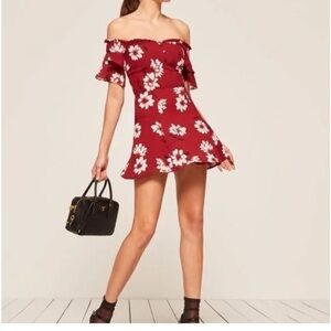 Reformation Red Floral Diana Mini Dress Size 0 Off Shoulder